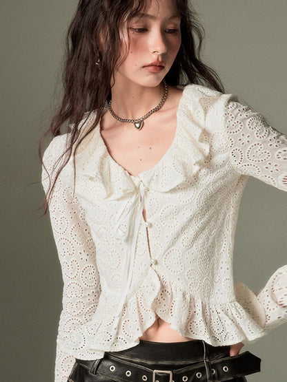 Hollow Frill Collar Lace Top