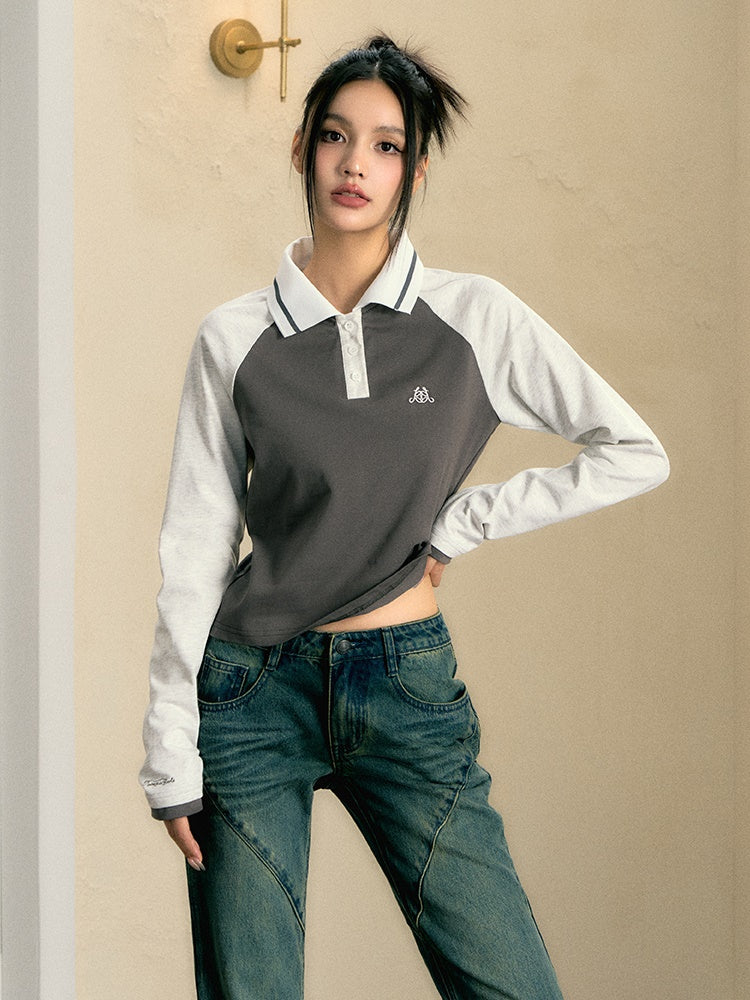 Embroidery Casual Polo Collar Long-sleeved Top