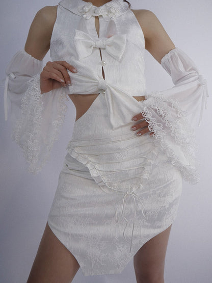 Ribbon Embroidery Arm-cover Frill Body-Suit