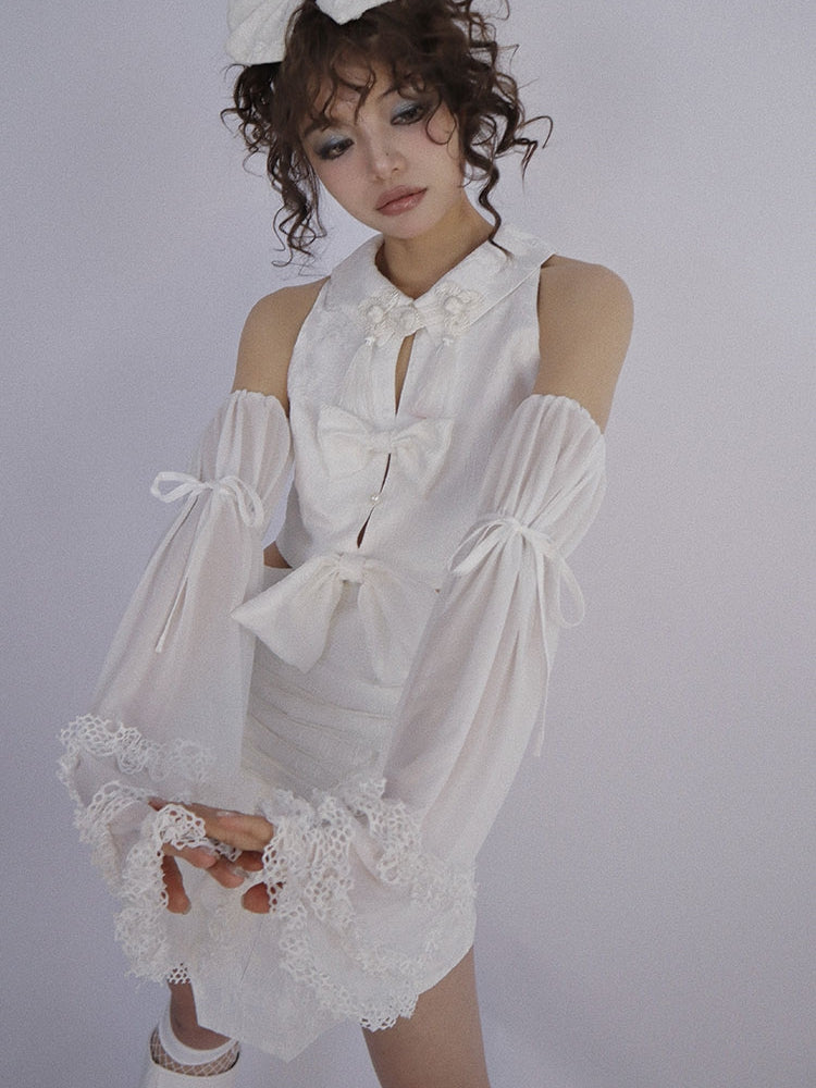 Ribbon Embroidery Arm-cover Frill Body-Suit