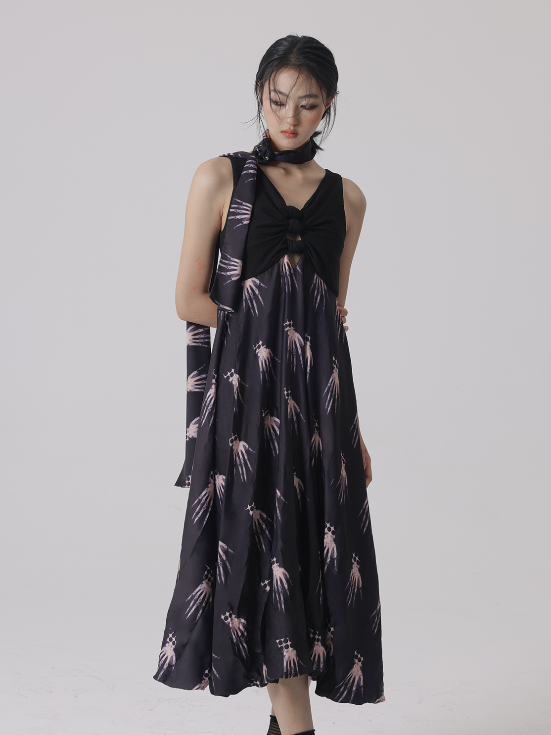 Draped taupe dress Design by Devika Seth at Modvey