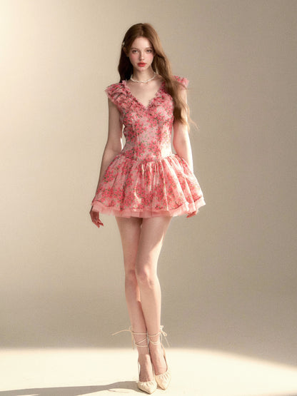 Frill V-neck Waist-Cinching Puffy Floral Dress