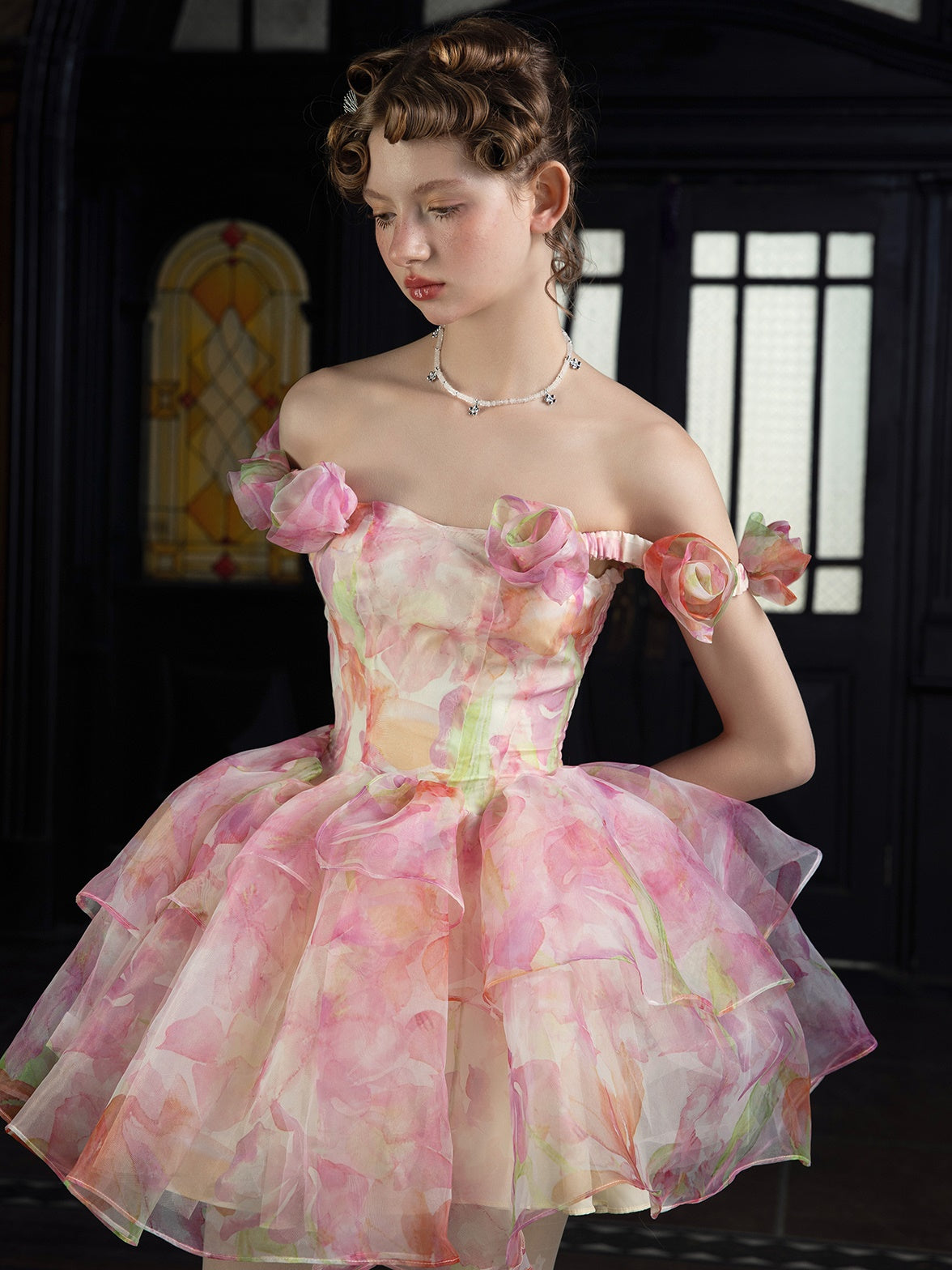 Smudged Three-dimensional flower 2way fluffy Dress