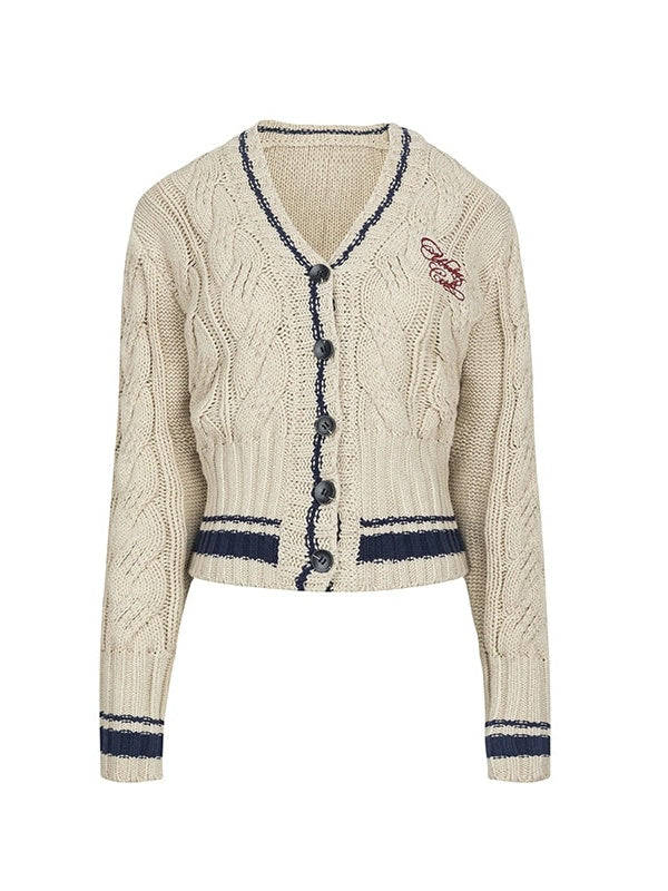 College Style Cable Knitted V-neck Short Cardigan