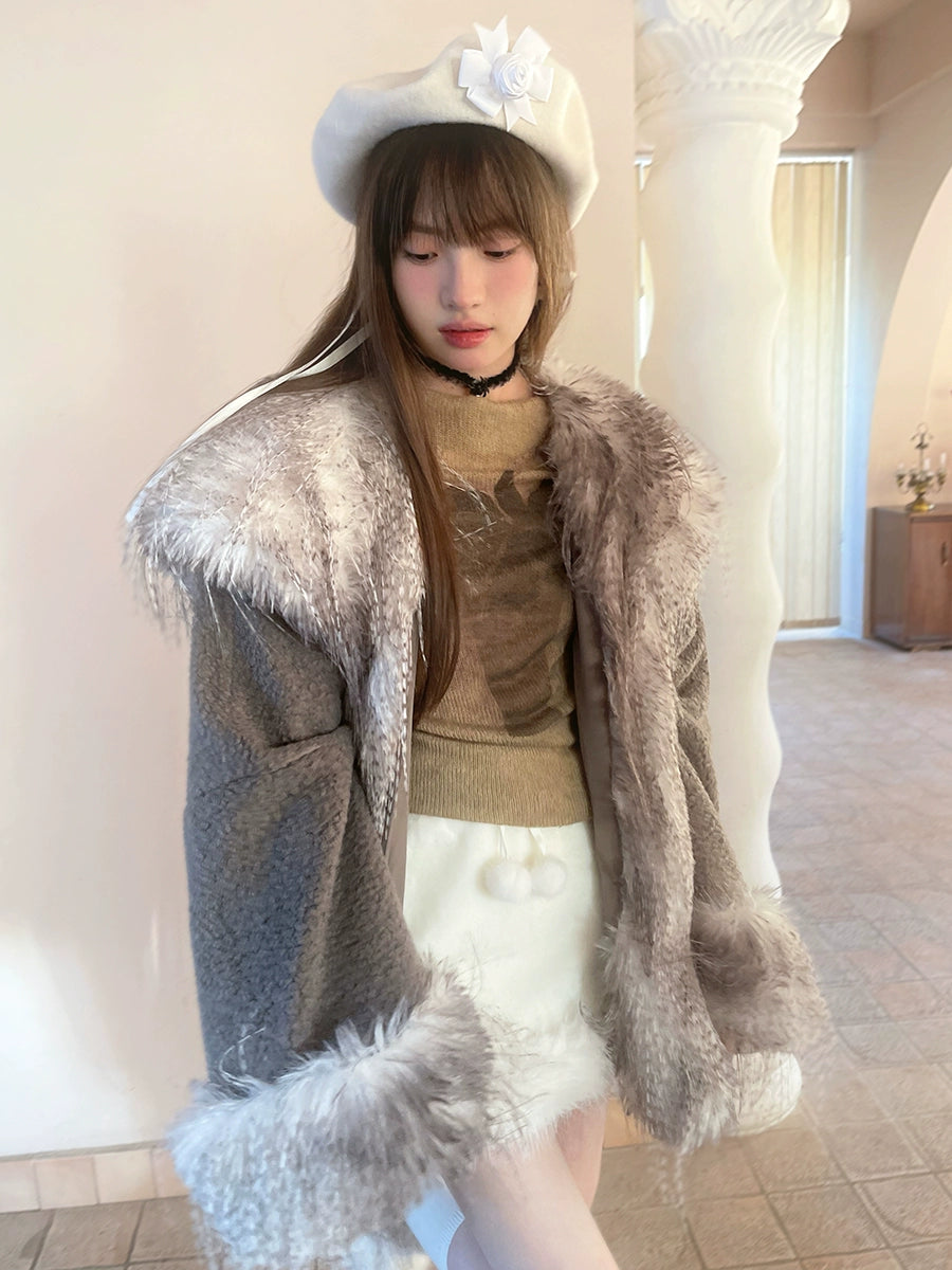 Plush Splicing Loose Hooded Jacket Coat