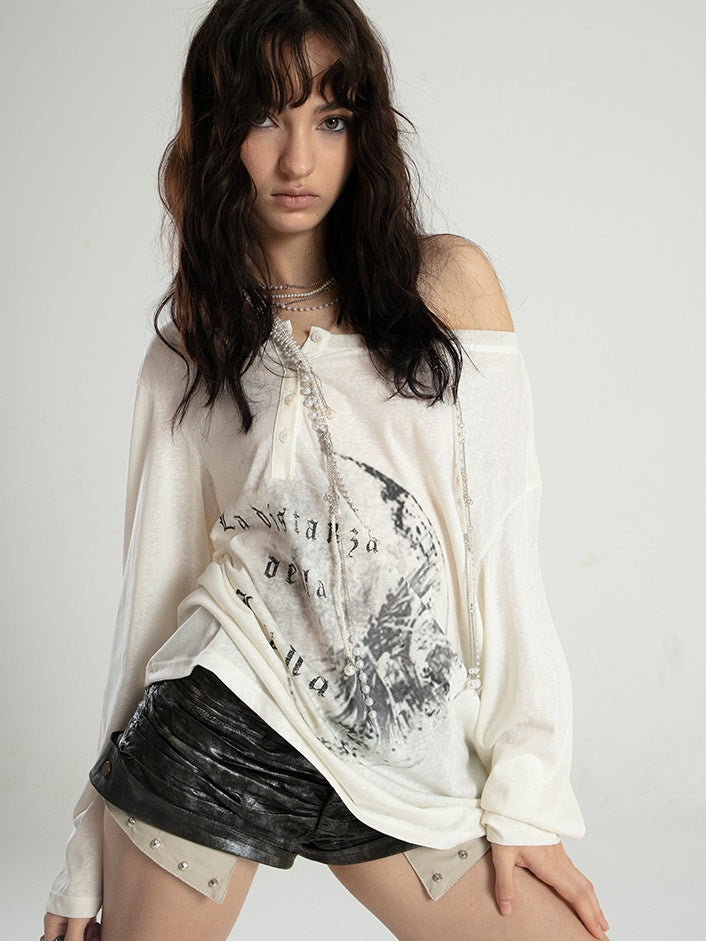 Loose Asymmetrical Neckline Printing T-shirt