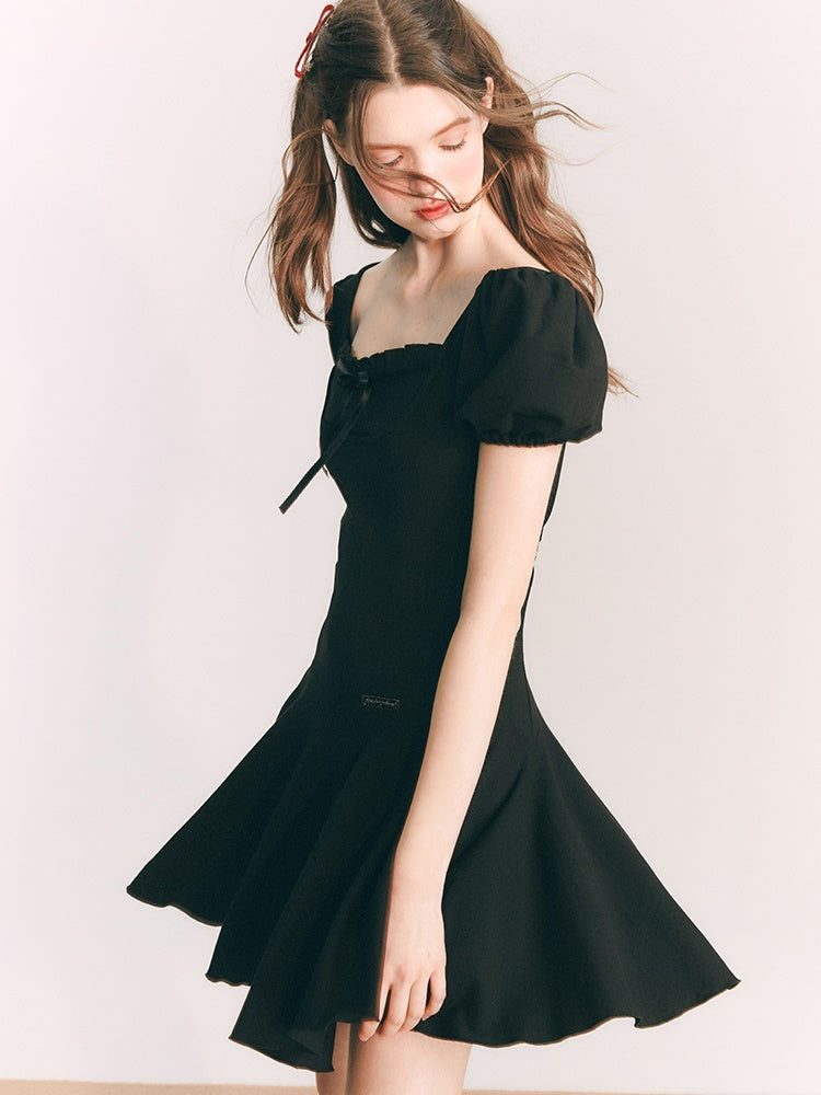 Elasticity Cut-sew Puff Sleeves One-piece