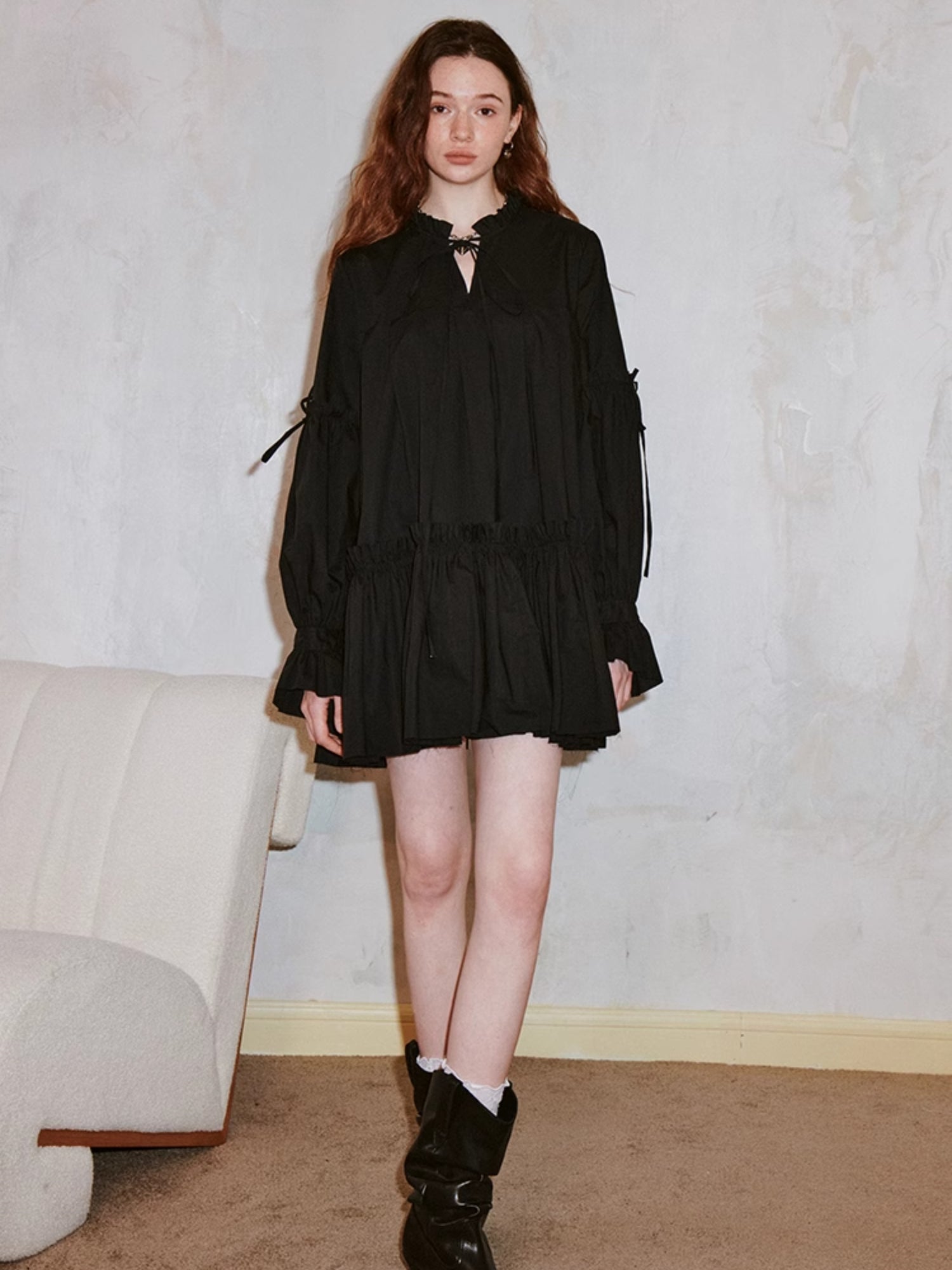 Gather Frill Stitch Ruffled Shirt Dress