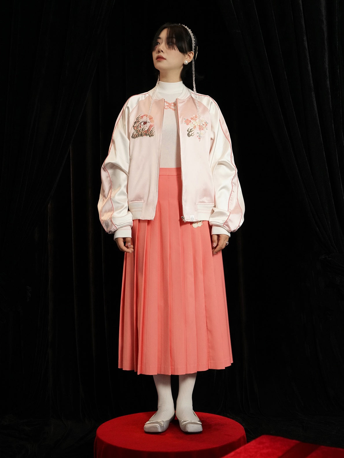 Embroidery Cherry Blossom Satin Jacket