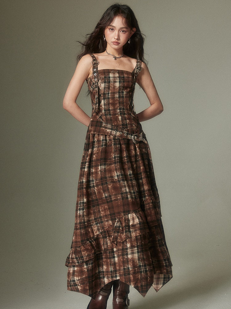 Retro einstellbare Plaidgurtkleid