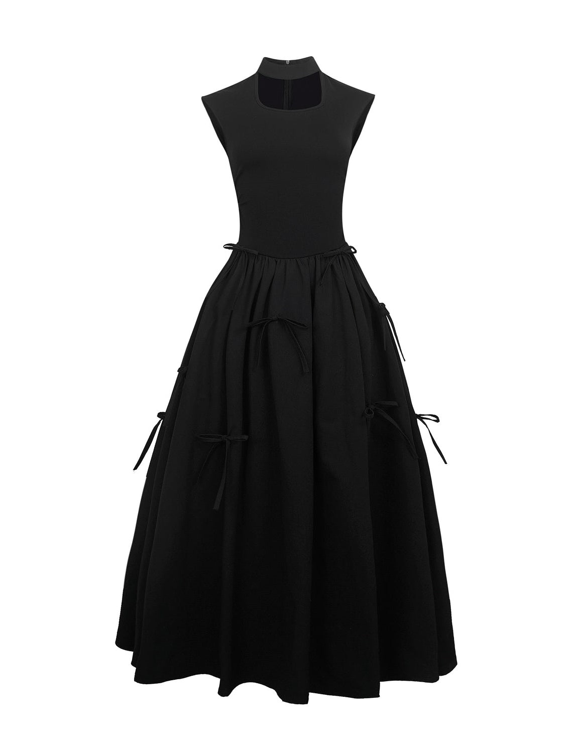 Square Cutout Stand Collar Bow Long Dress