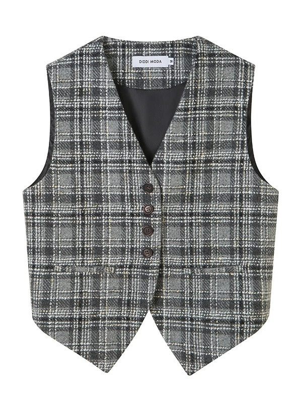 Woven Plaid No-Collar Jacket ＆ Vest ＆ Pleated Skirt