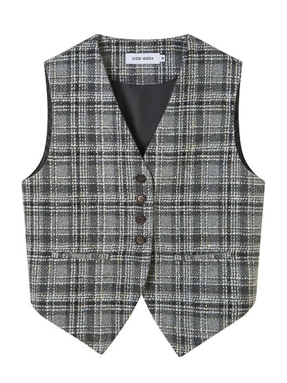 Woven Plaid No-Collar Jacket ＆ Vest ＆ Pleated Skirt