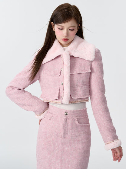 Contrast Color Fur Collar Tweed Padded Jacket &amp; Skirt