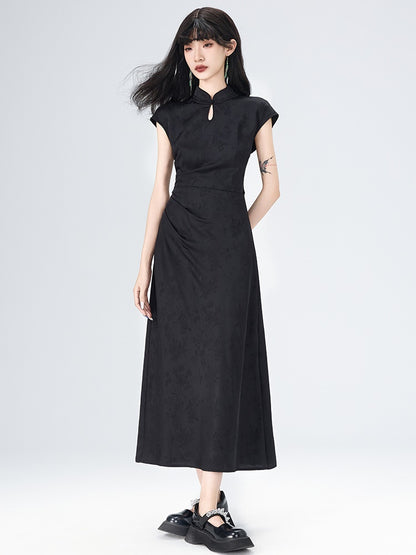 Chinese Style Side Drape French Sleeve Long Dress