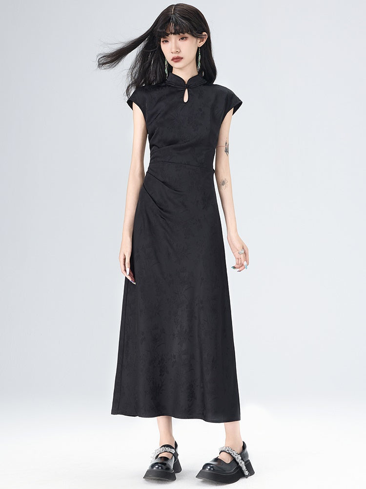 Chinese Style Side Drape French Sleeve Long Dress