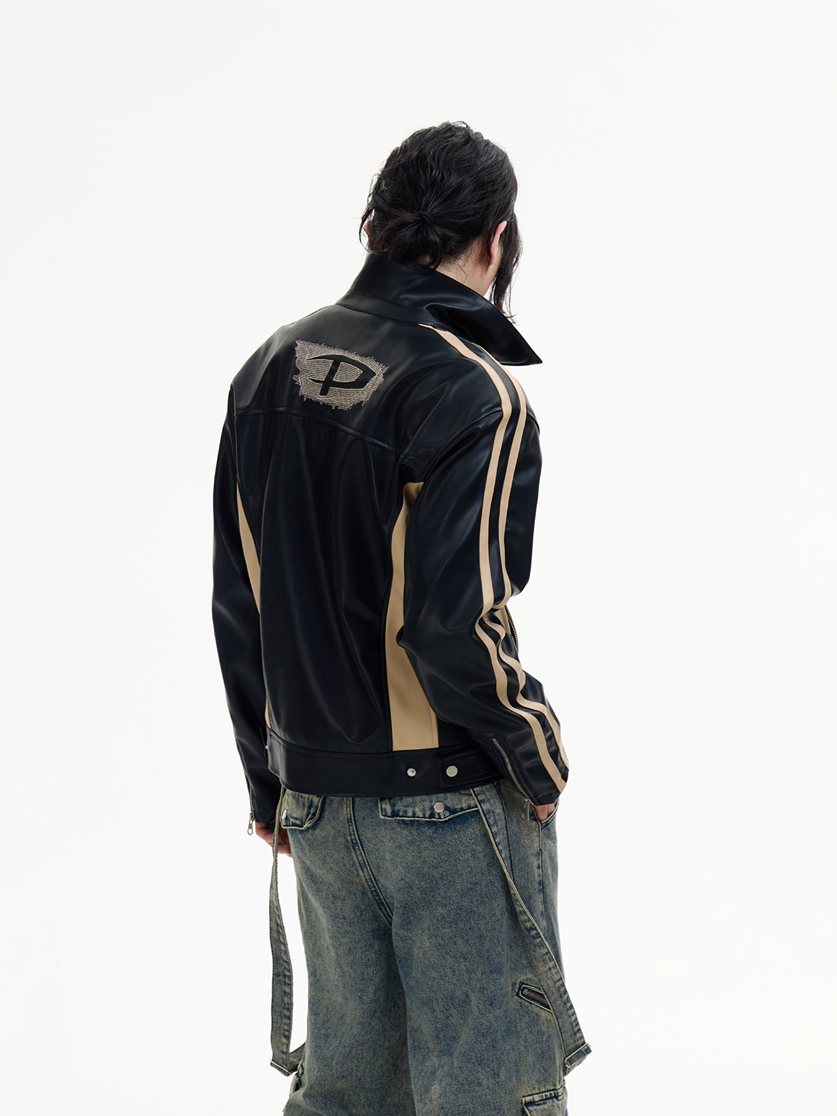 Embroidered Striped Motorcycle Leather Jacket