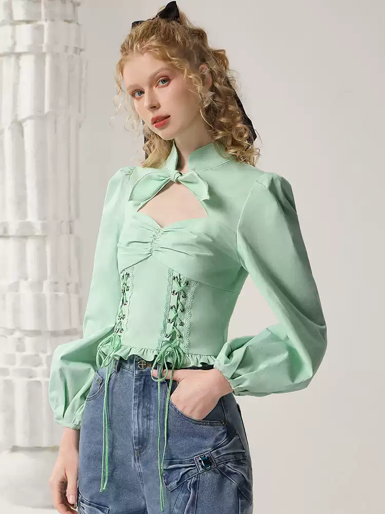 Front-Cut Balloon-Sleeve Lace-Up Bustier Mao-Collar Blouse