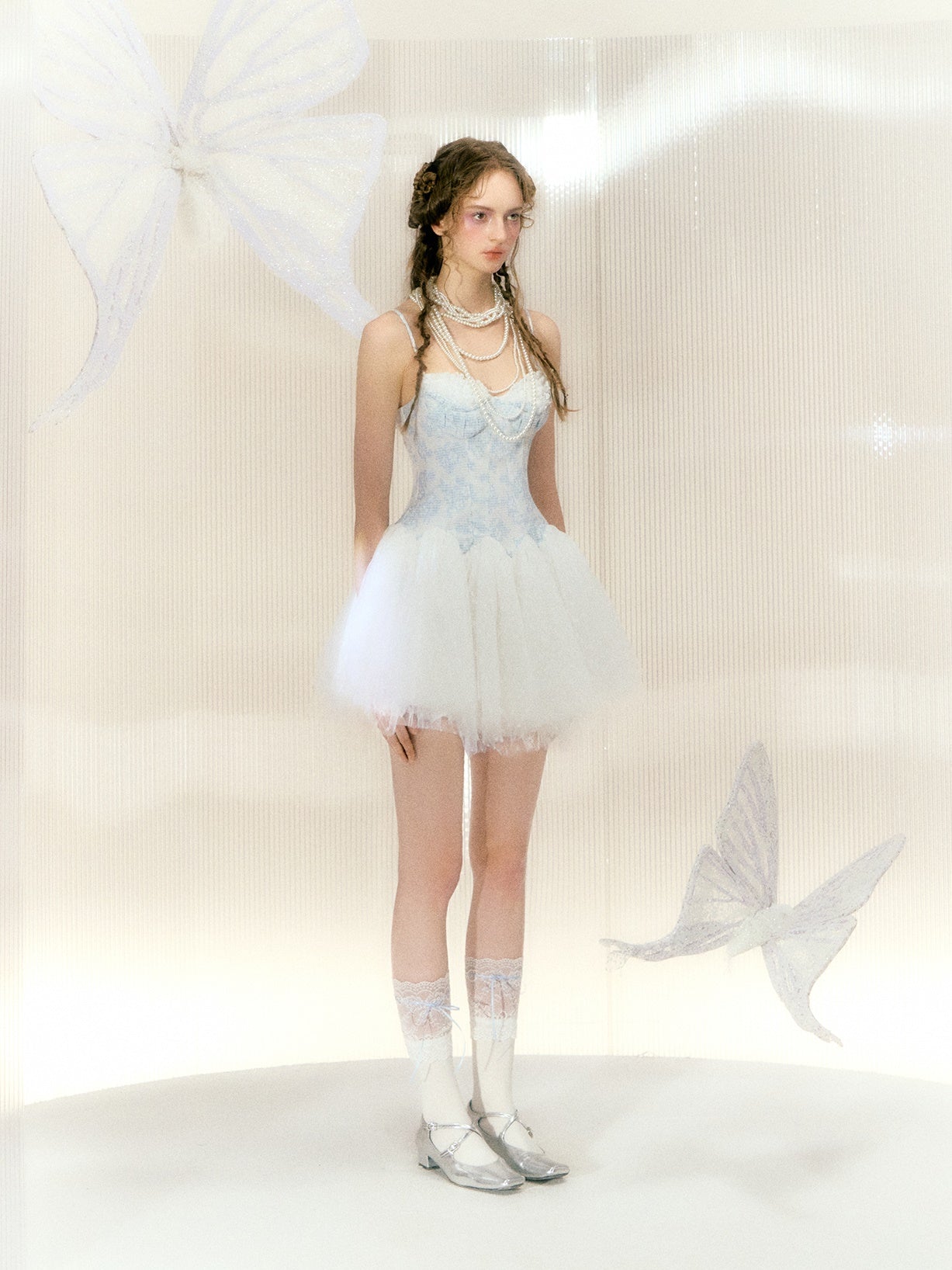 Flower Pearl Butterfly Ballet Style Mesh Suspender Dress