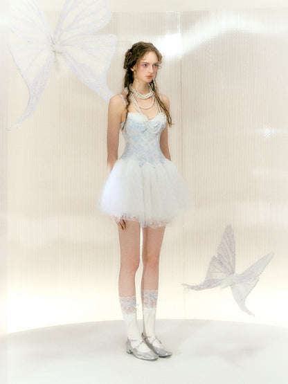 Flower Pearl Butterfly Ballet Style Mesh Suspender Dress