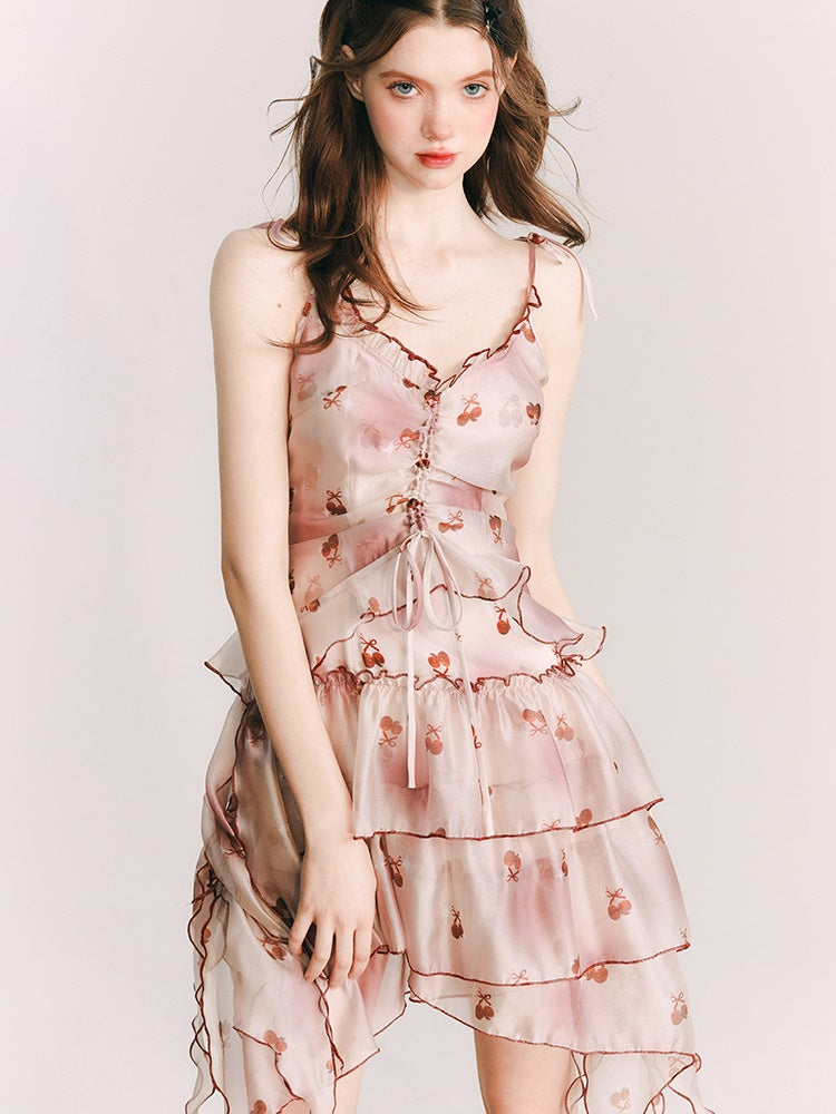 Cherry Organza Printed Sling Dress