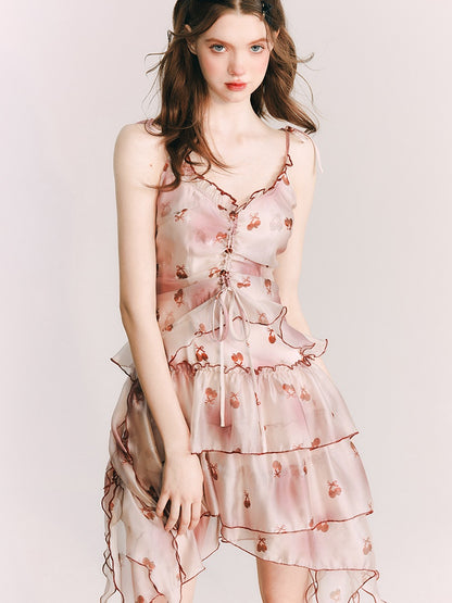 Cherry Organza Printed Sling Dress