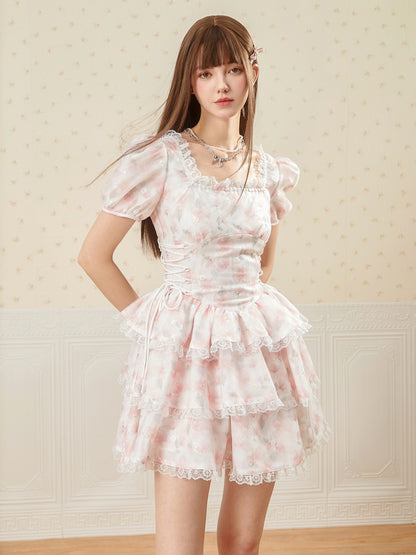 SQUARE COLLAR SIDE LACEUUP PUFF CAKE Dress