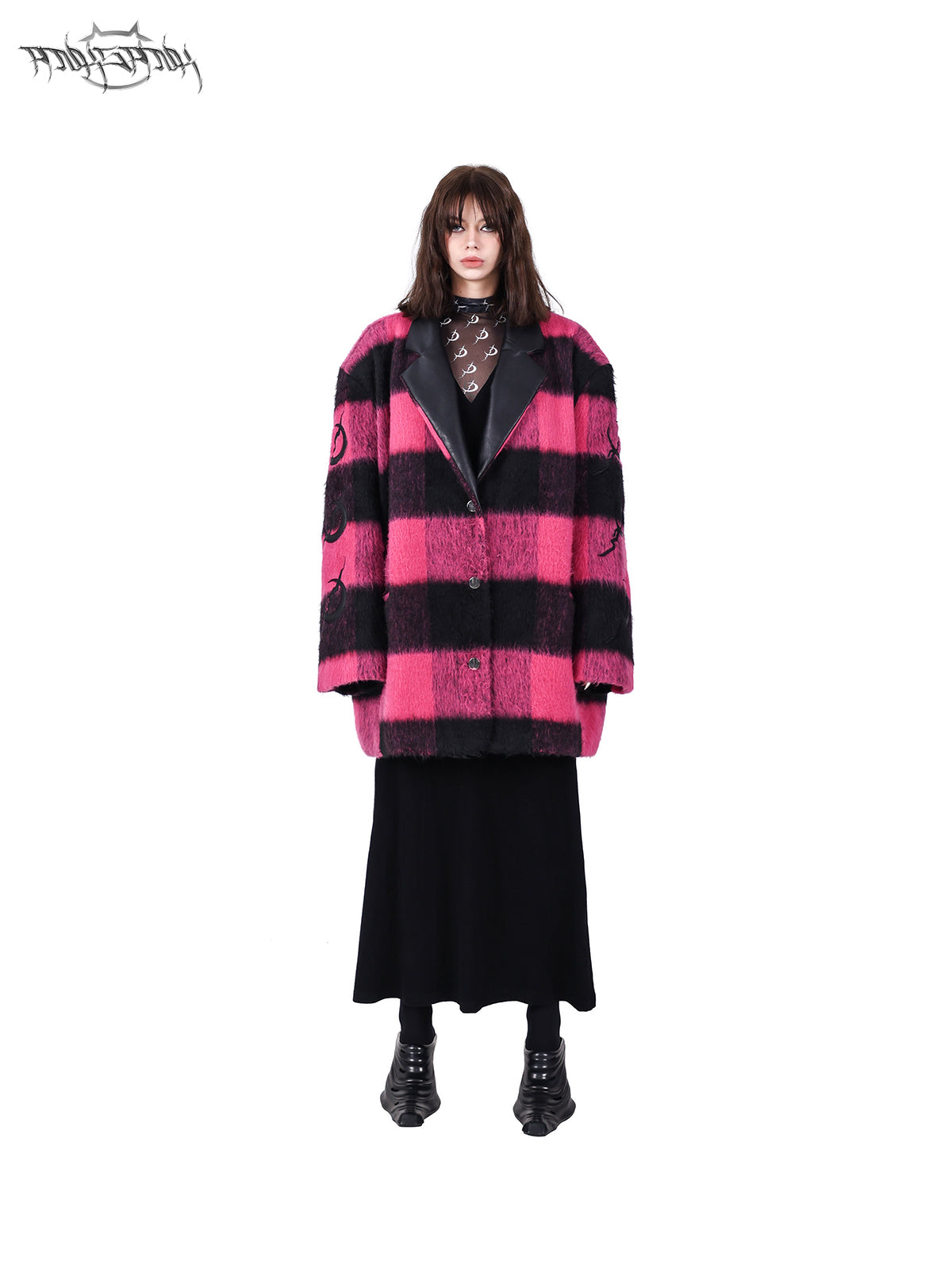 Plaid Leather Embroidered Shoulder Pads Genderless Coat