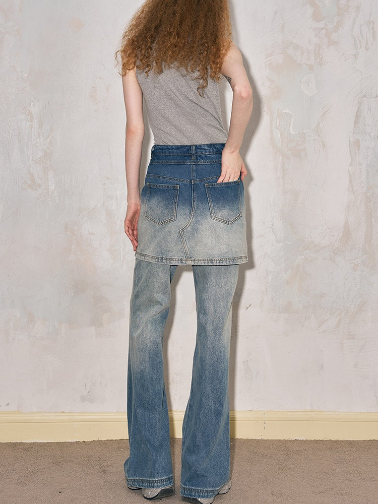 Fake Two-piece Gradation Wash Flared Denim Skirt Pants