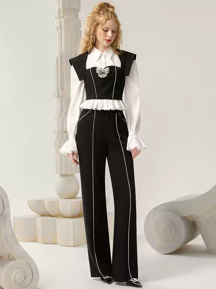 Blouse＆Vest＆Pants Chic Plaets Monotone Long-Sleeve Set-Up