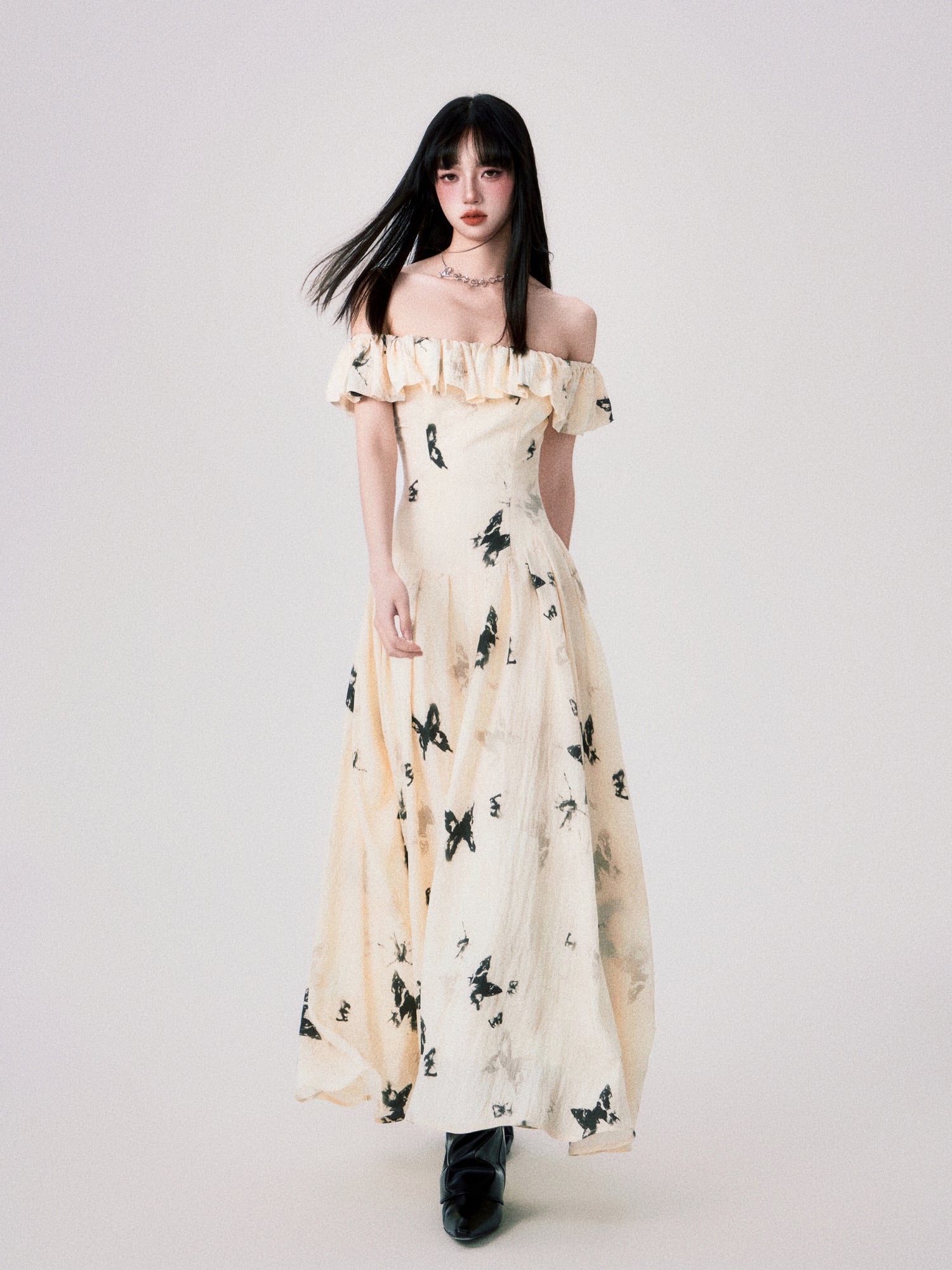 Butterfly Print Ruffle Off-shoulder Dress