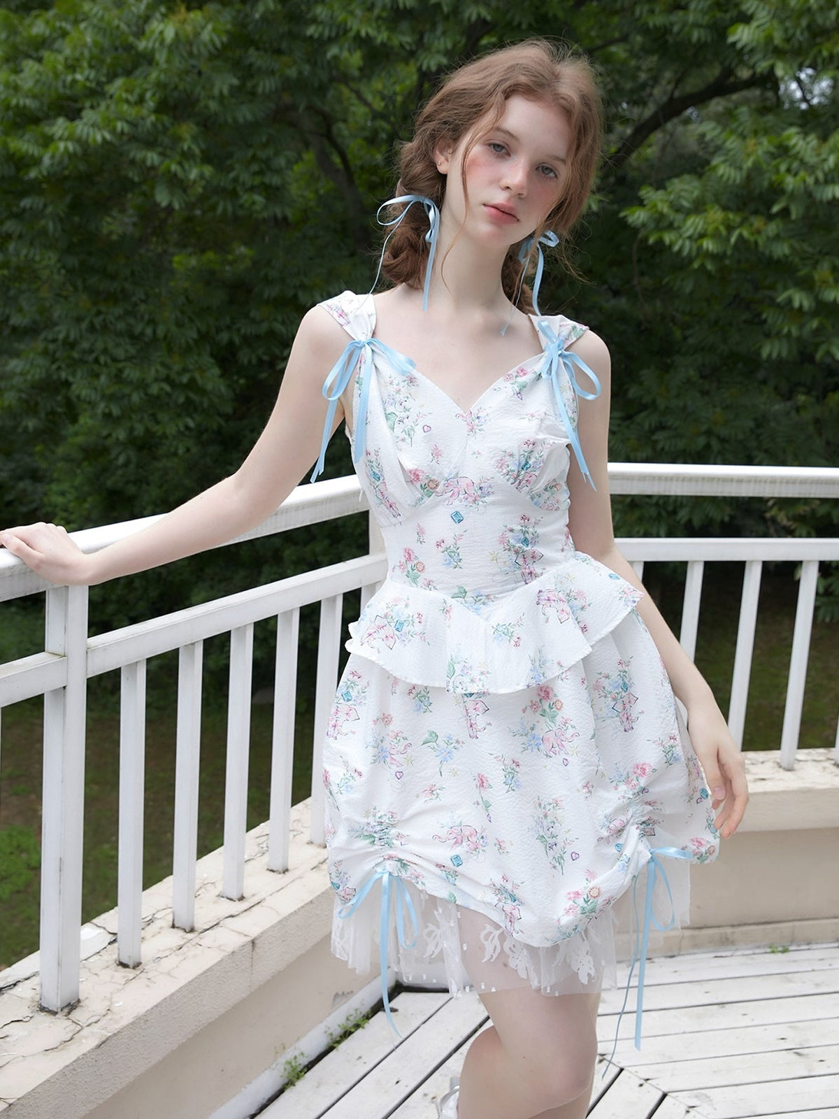 Floral Printed Fake Layered Sleeveless Dress