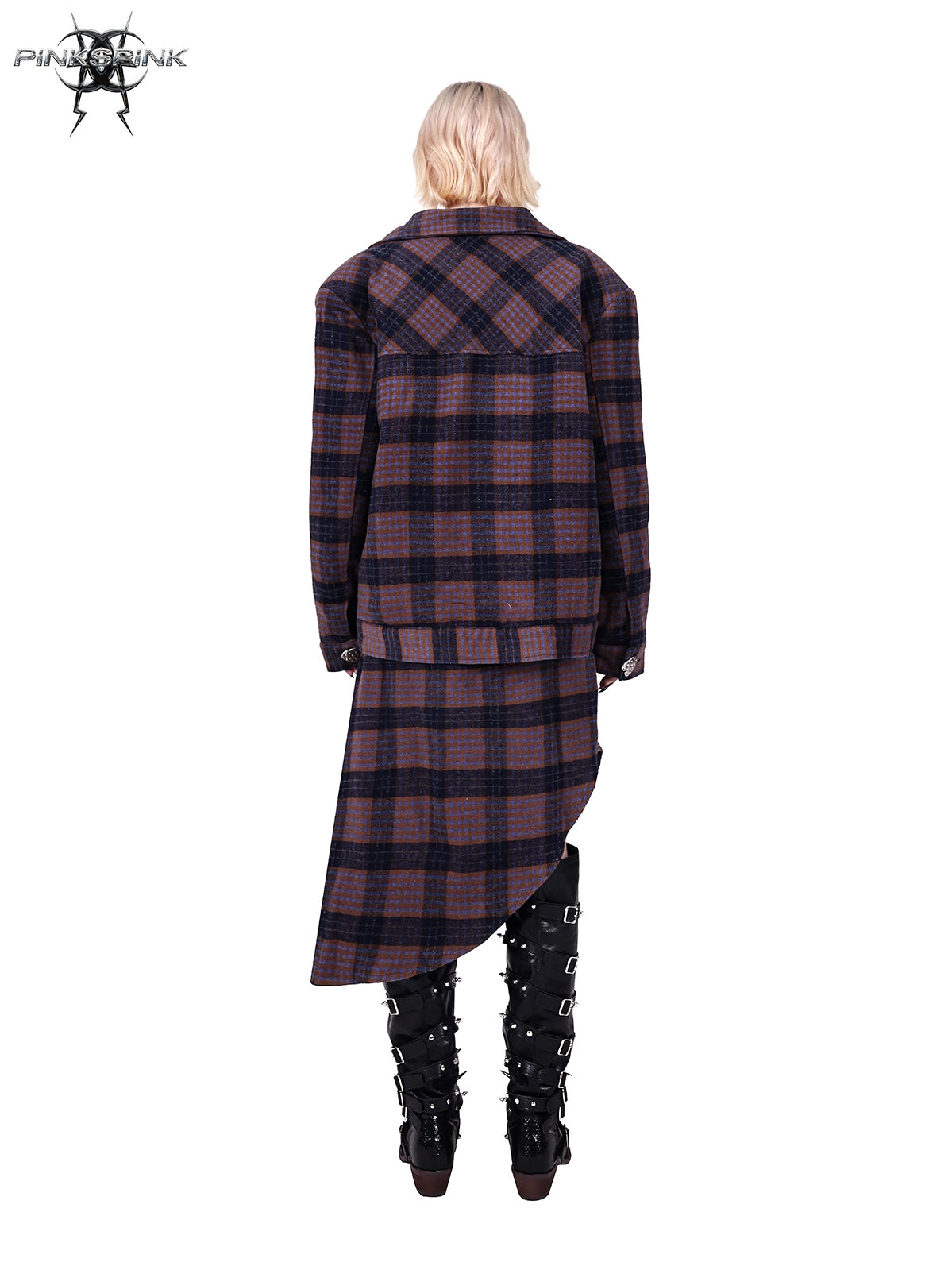 Plaid Heart Button Short Jacket &amp; Asymmetry Saum Rock