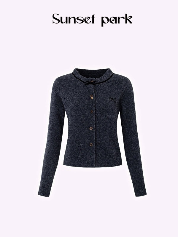 Embroidered Bow College Slim Knitted Cardigan