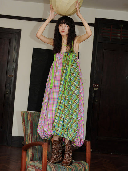 Plaid Stitching Braided Rope Loose Sling Dress