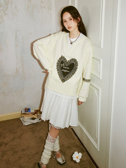 Fake Two-piece Lace Love Print Loose Sweat