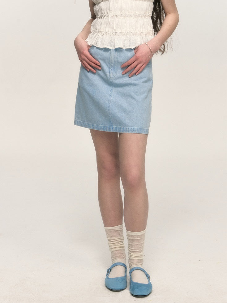 Simple Embroidery A-line Washed Denim Mini Skirt