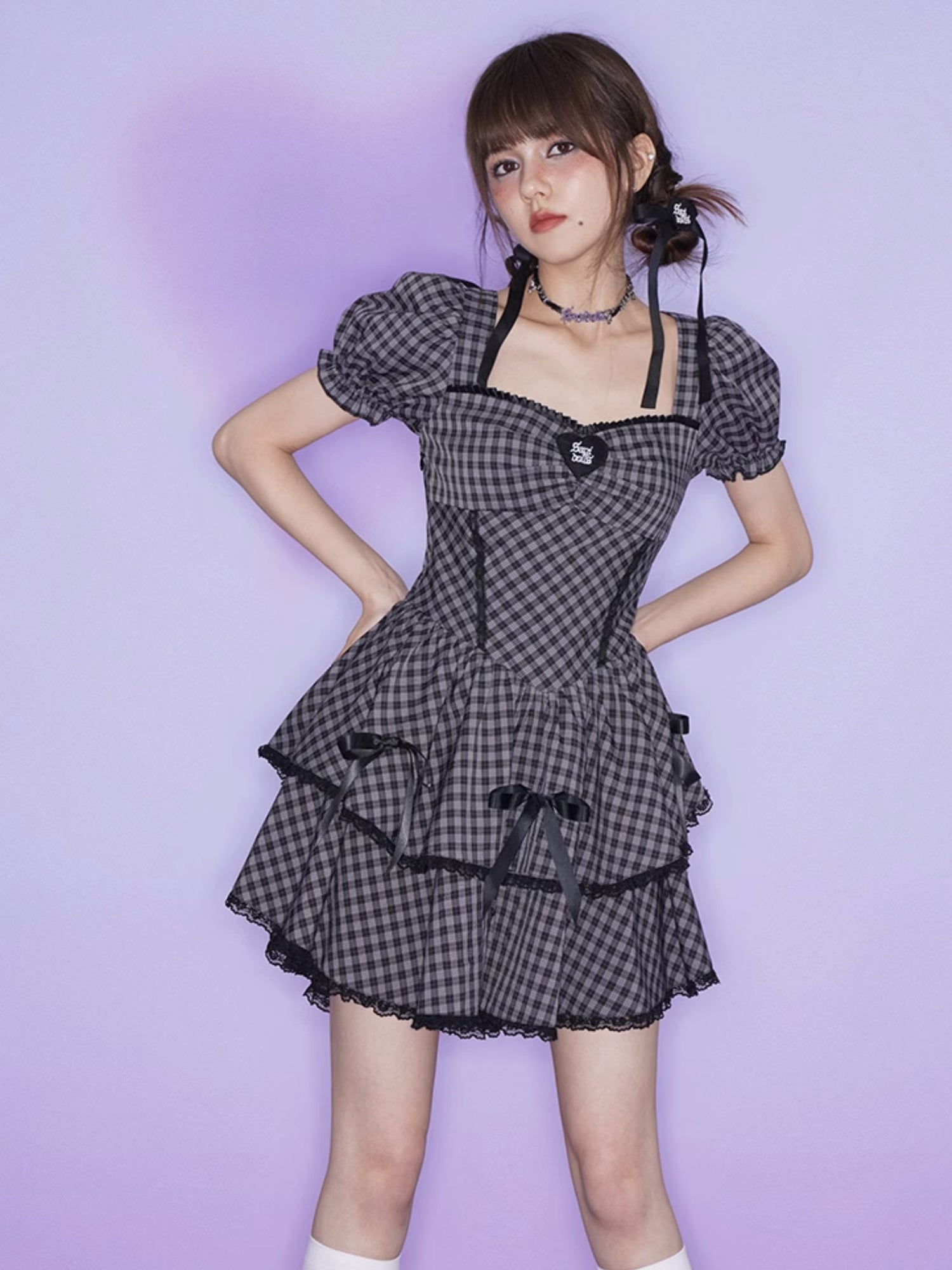 Back Hollow Check Ribbon One-piece