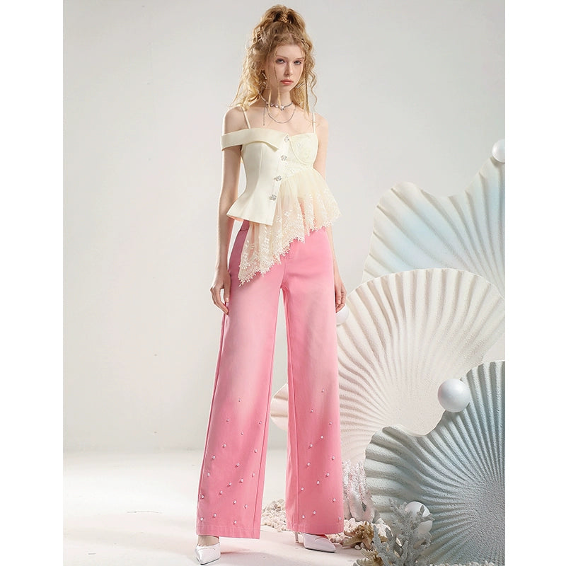 Lace Feminine Asymmetry Bijou Set-Up Camisole＆Denim-Pants