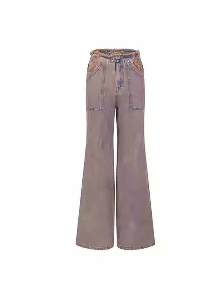 Denim Washed Casual Cut-Off Tassel Flare-Pants