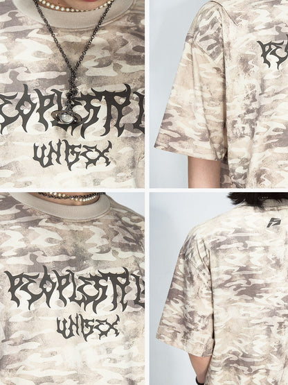 Camouflage Punk Letter Distressed Washed T-shirt