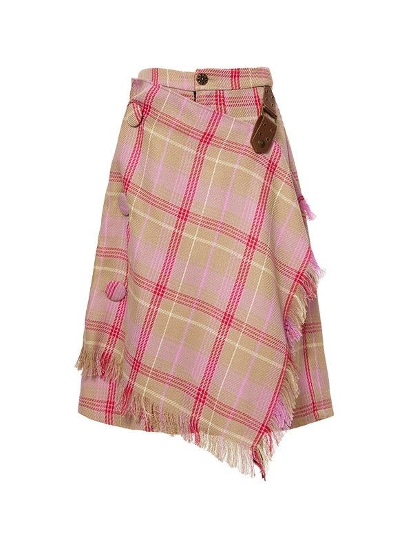 Plaid Brushed Tassel Wrap Design Gaucho Pants