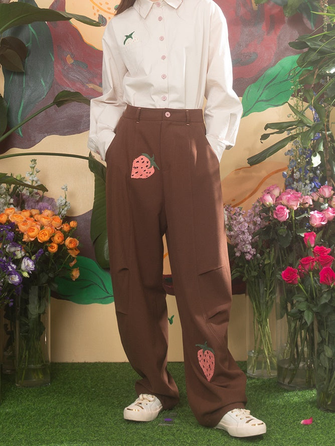 Retro Strawberry Embroidered Loose Pants