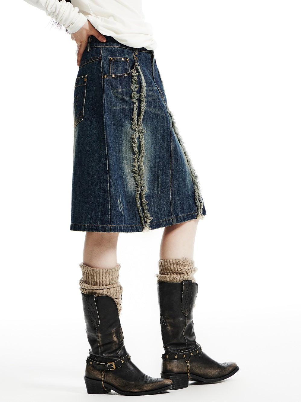 Distressed Washed Denim A-line Mid-length Skirt