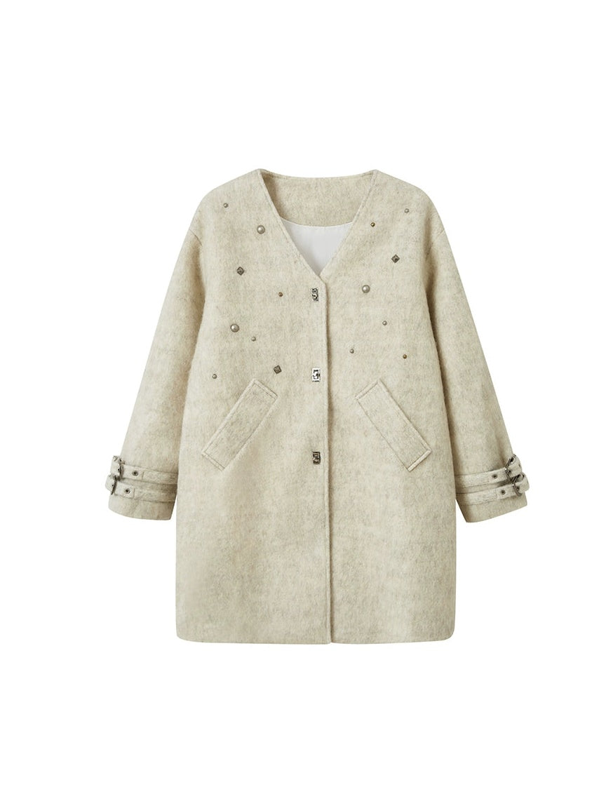 V-Neck Riveted Wool Blend Half Coat