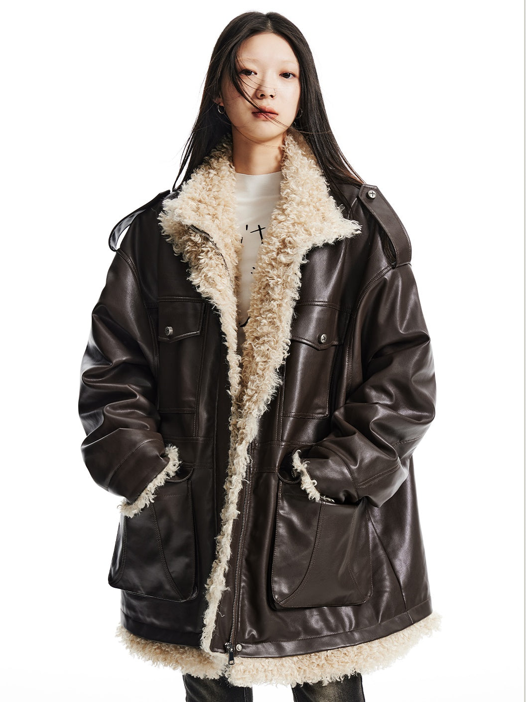 Curly Fur Splicing PU Leather Work Half Coat