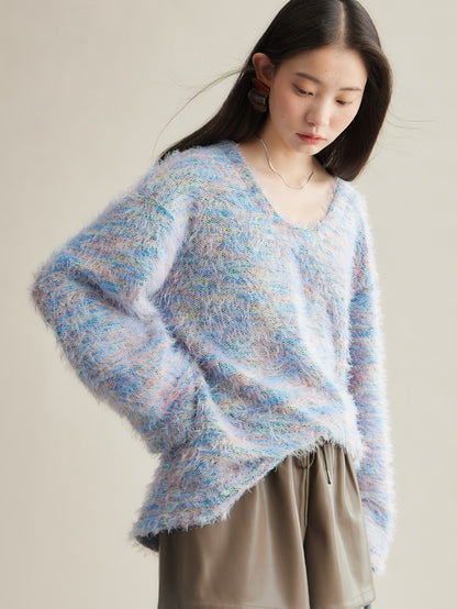 Mix Color Shaggy Touch Pullover Knitted ＆ Dress