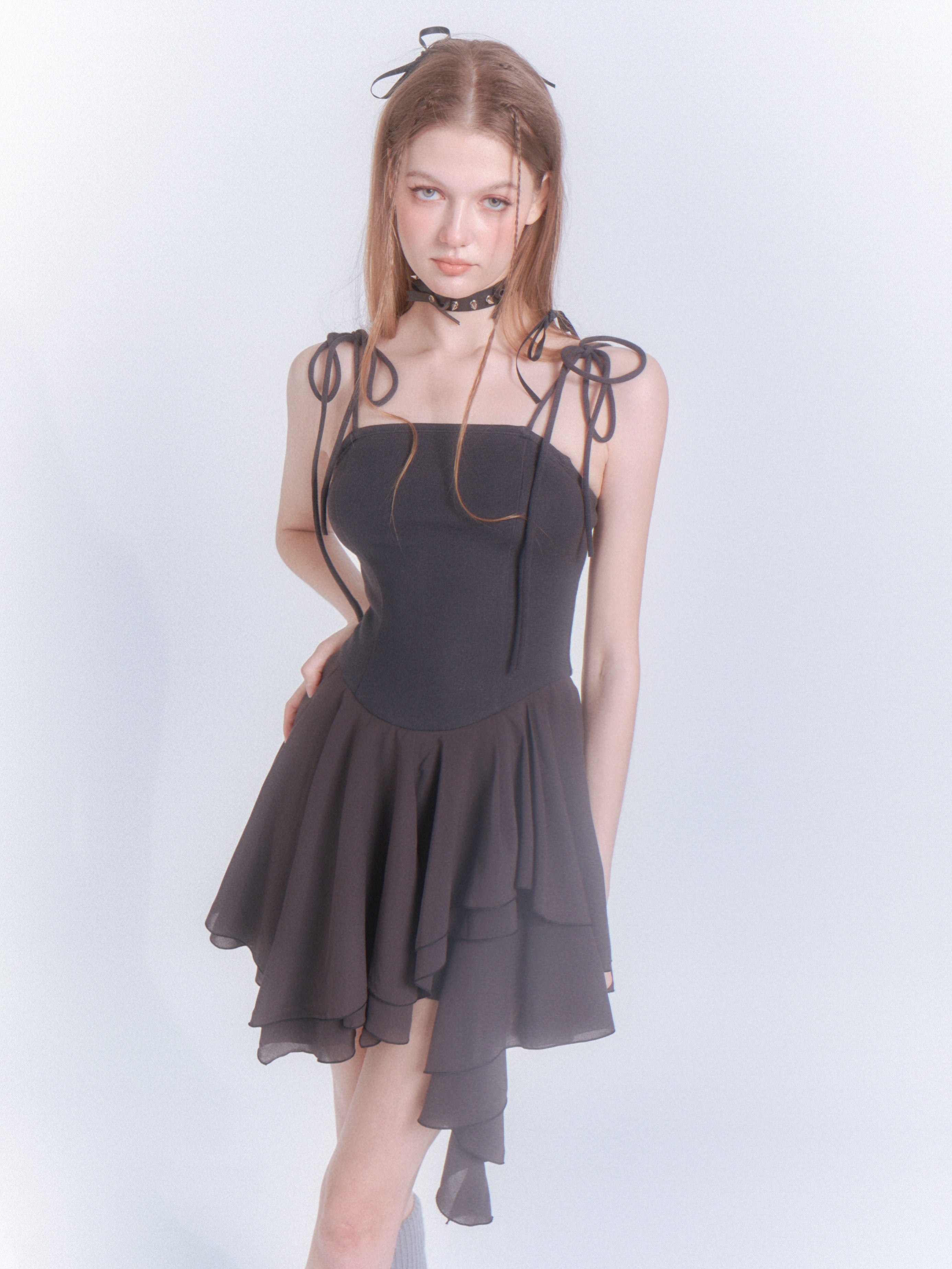 Knitted Stitching Chiffon Irregular Hem Sling Dress