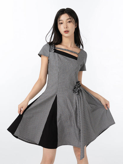 Ruffled Square Collar Plaid French One-piece