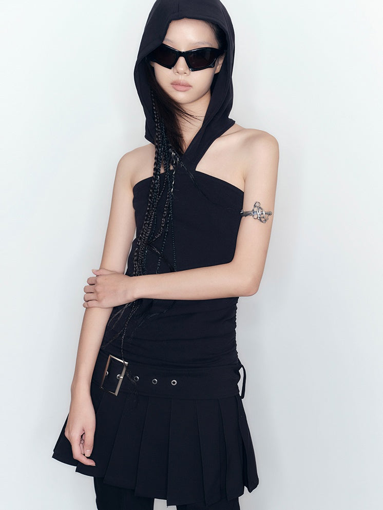 Elastic Slim Pleated Hooded One-piece